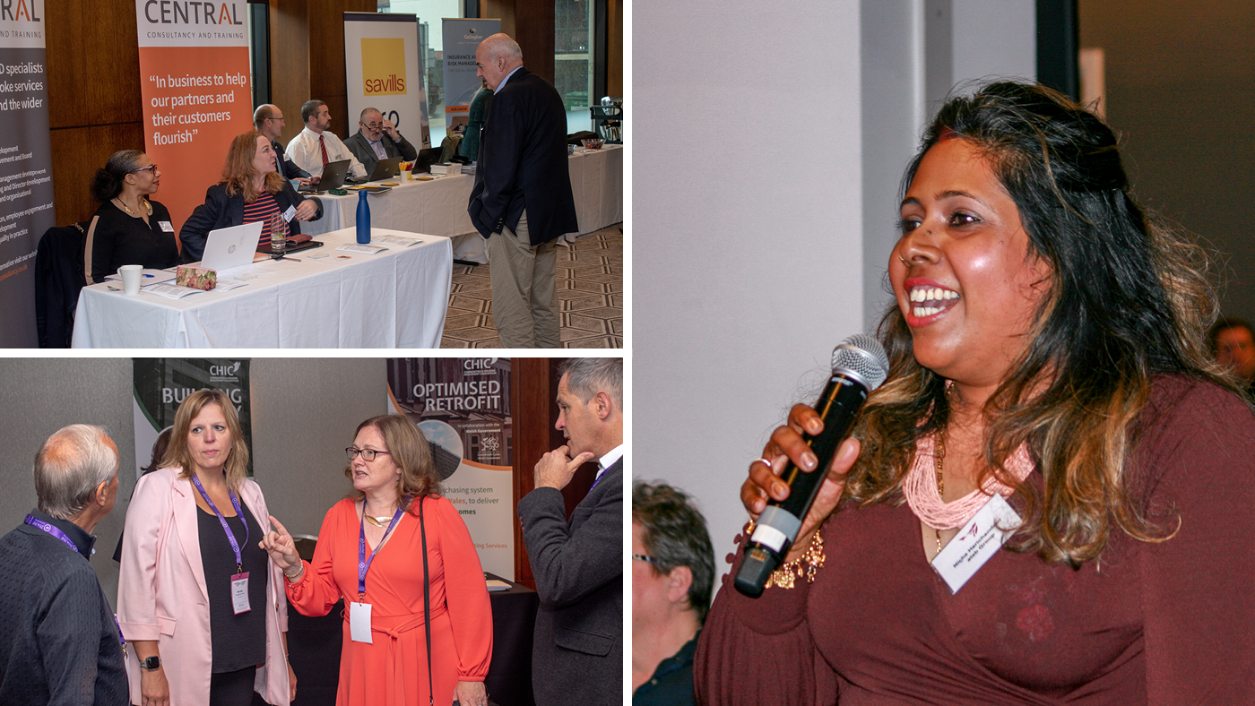 A collage of three images depicting delegates talking to exhibitors, fellow delegates and speakers at the last three CHC conferences