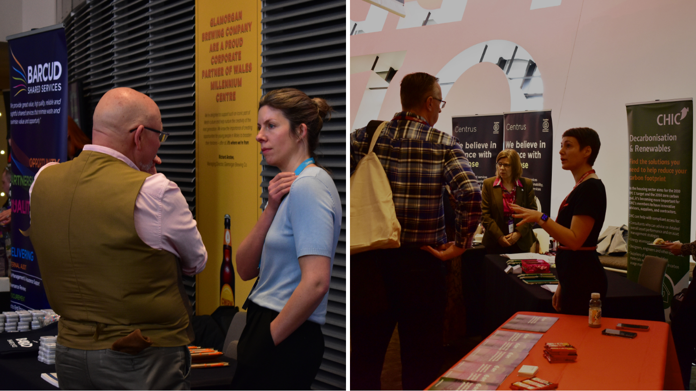 A collage of images featuring housing association staff talking to representatives from two of our commercial partners, E.ON and Barcud Shared Services, at recent CHC conferences