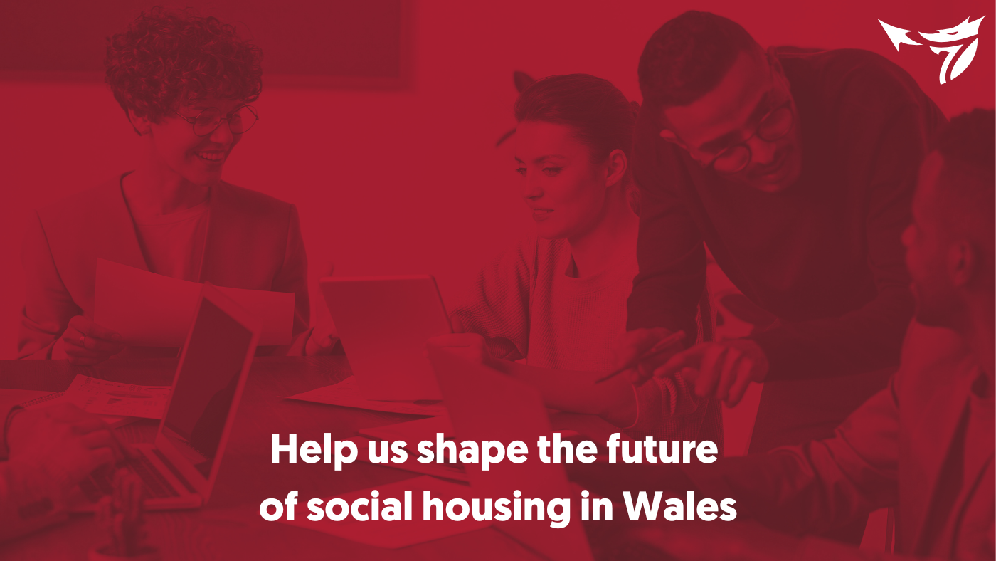 A composition showing the message "help us shape the future of social housing in Wales" with an image of a diverse group of people working together in the background