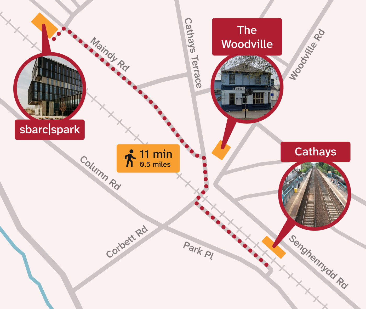 A map to Sbarc building from Cathays, in Cardiff