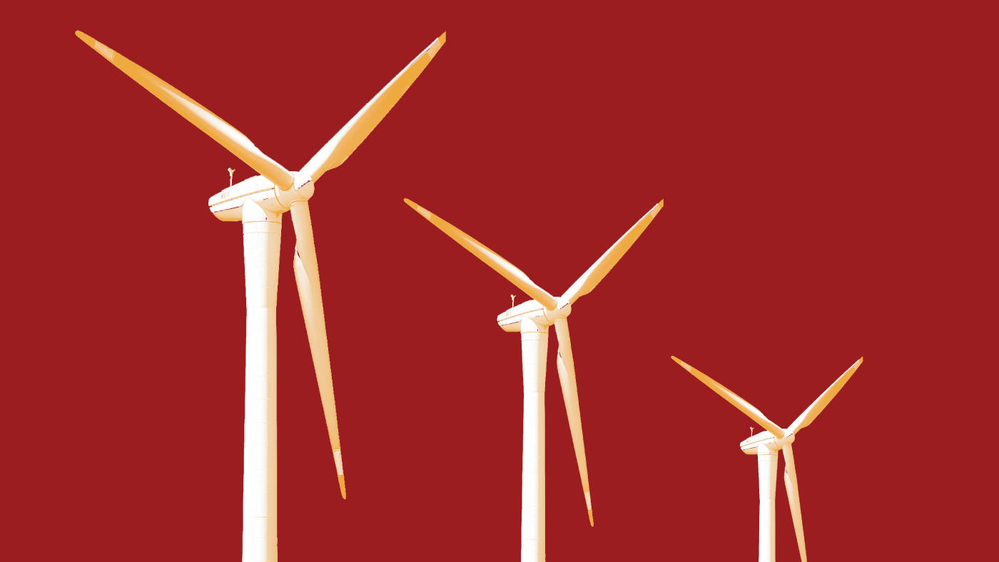 Three wind turbines on a CHC red background